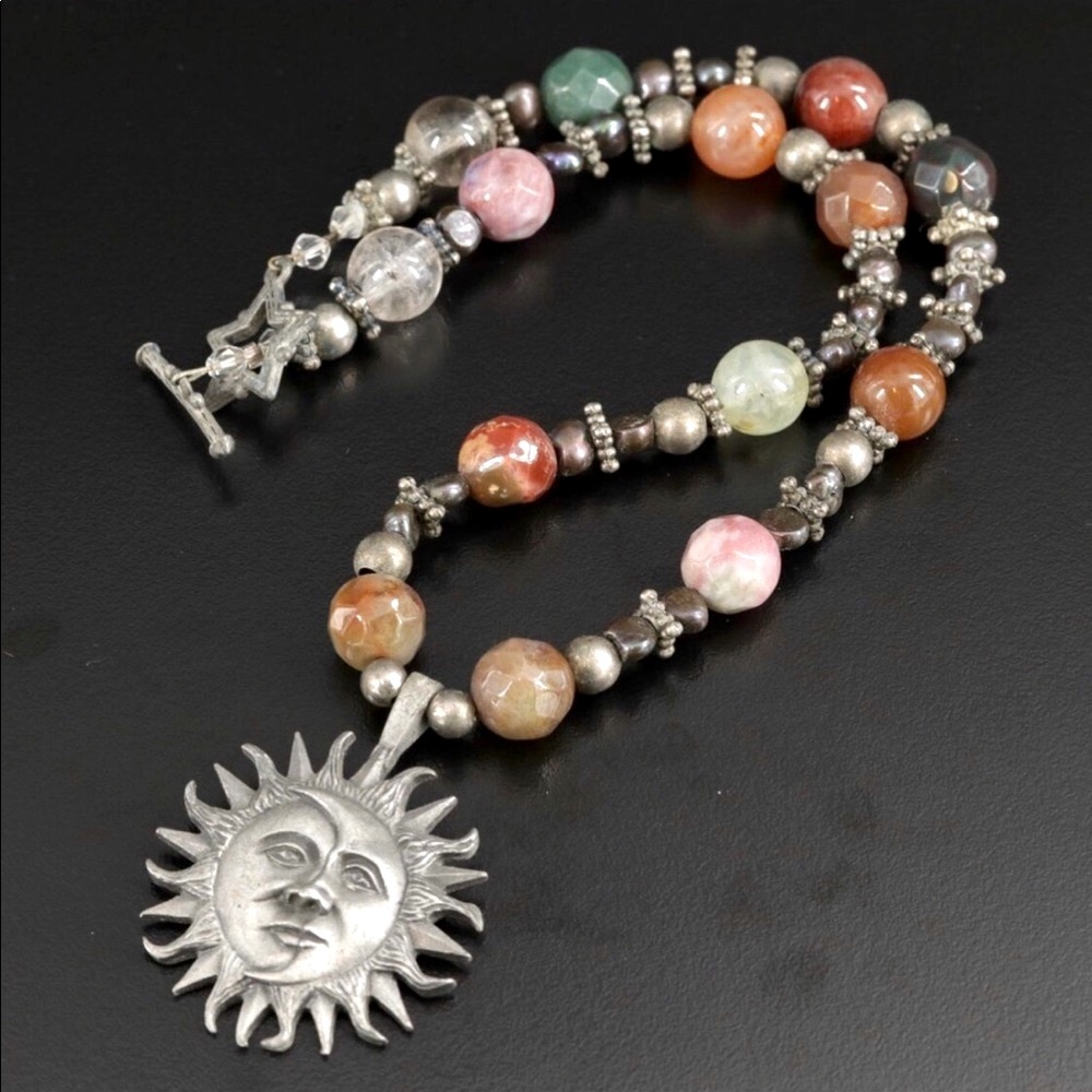 Prehnite Jasper Cultured Pearl Sun Choker Necklace